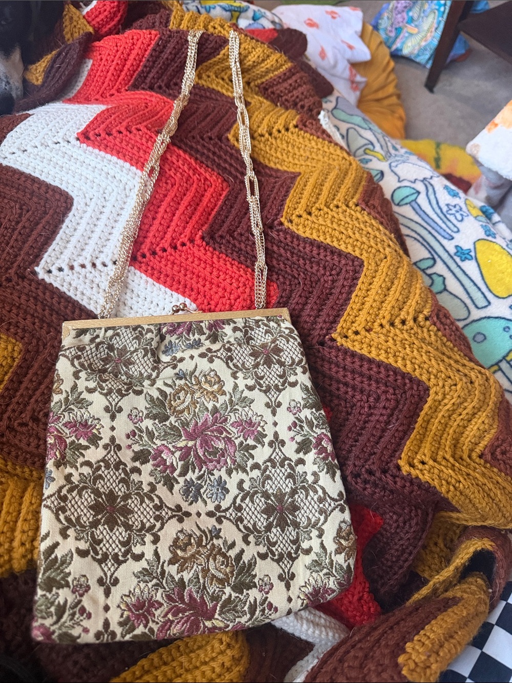 Walborg Cream Floral Tapestry Clutch with Pink and Brown Accents